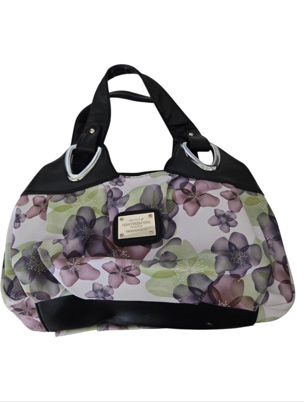 Floral Satchel Handbag Black Purple Green Silver Hardware